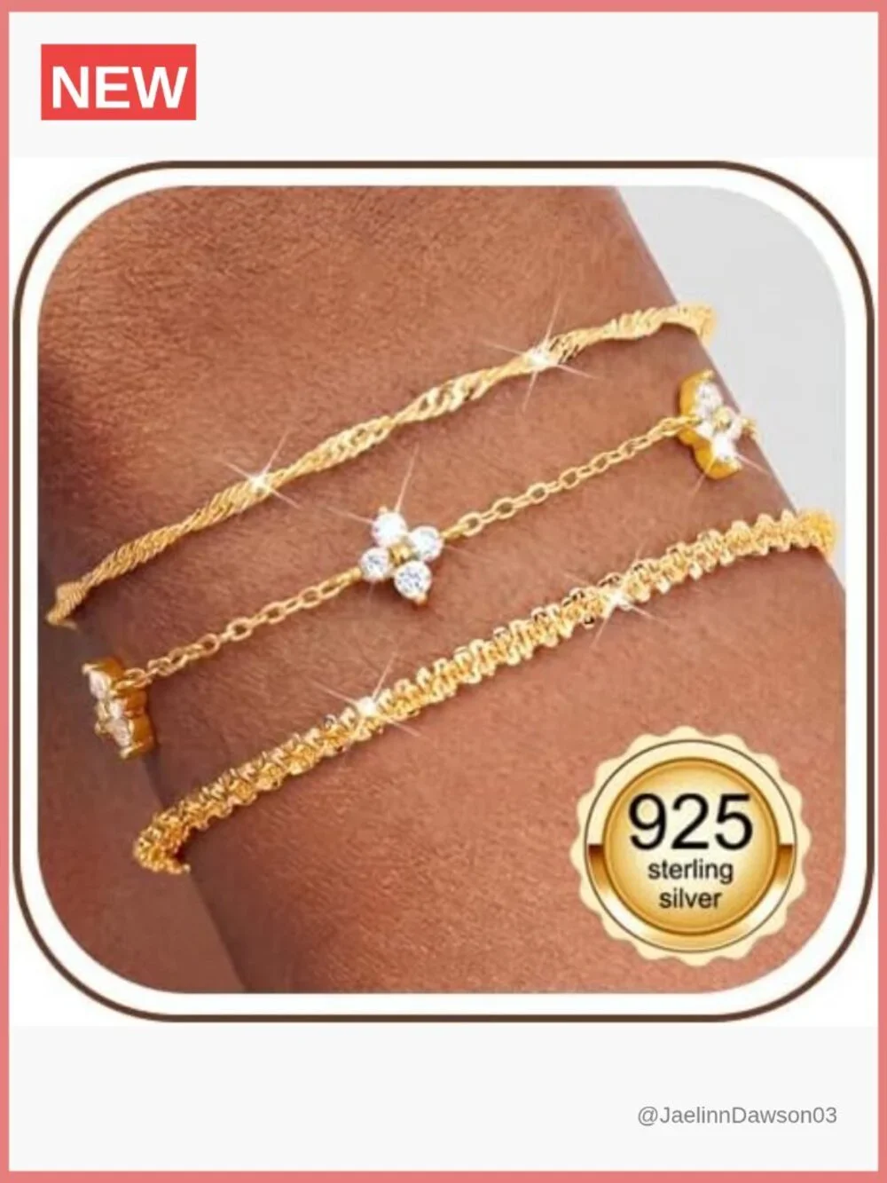 3pc Sterling Silver Stackable Bracelet Set Adjustable Link Chain Cubic Zirconia